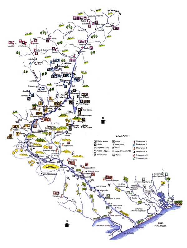 Itinerario etnografico La Piave. Mappa disegnata da Letizia De Martin